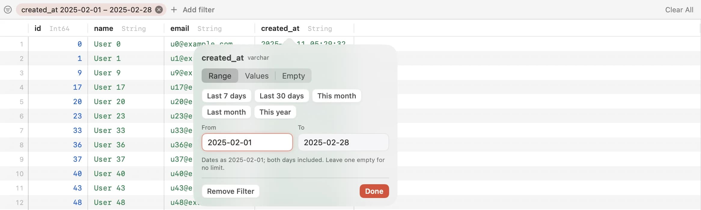 A date range filter for February 2025 on a users table, set from a column's filter menu with quick picks like Last 30 days.