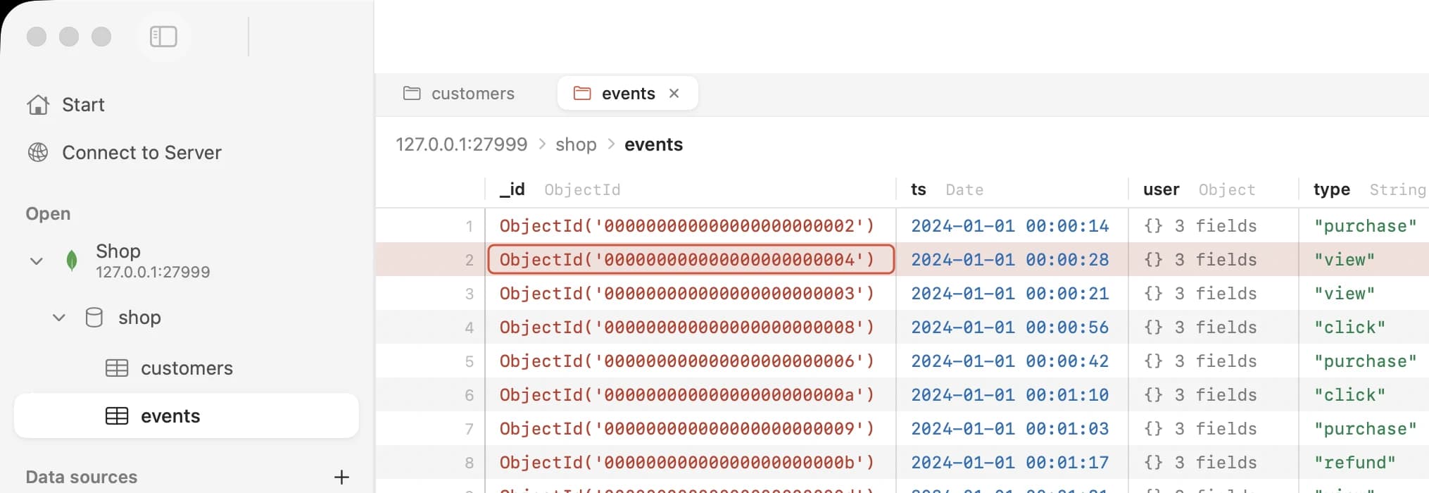 A MongoDB database in the sidebar with the customers and events collections open in tabs.