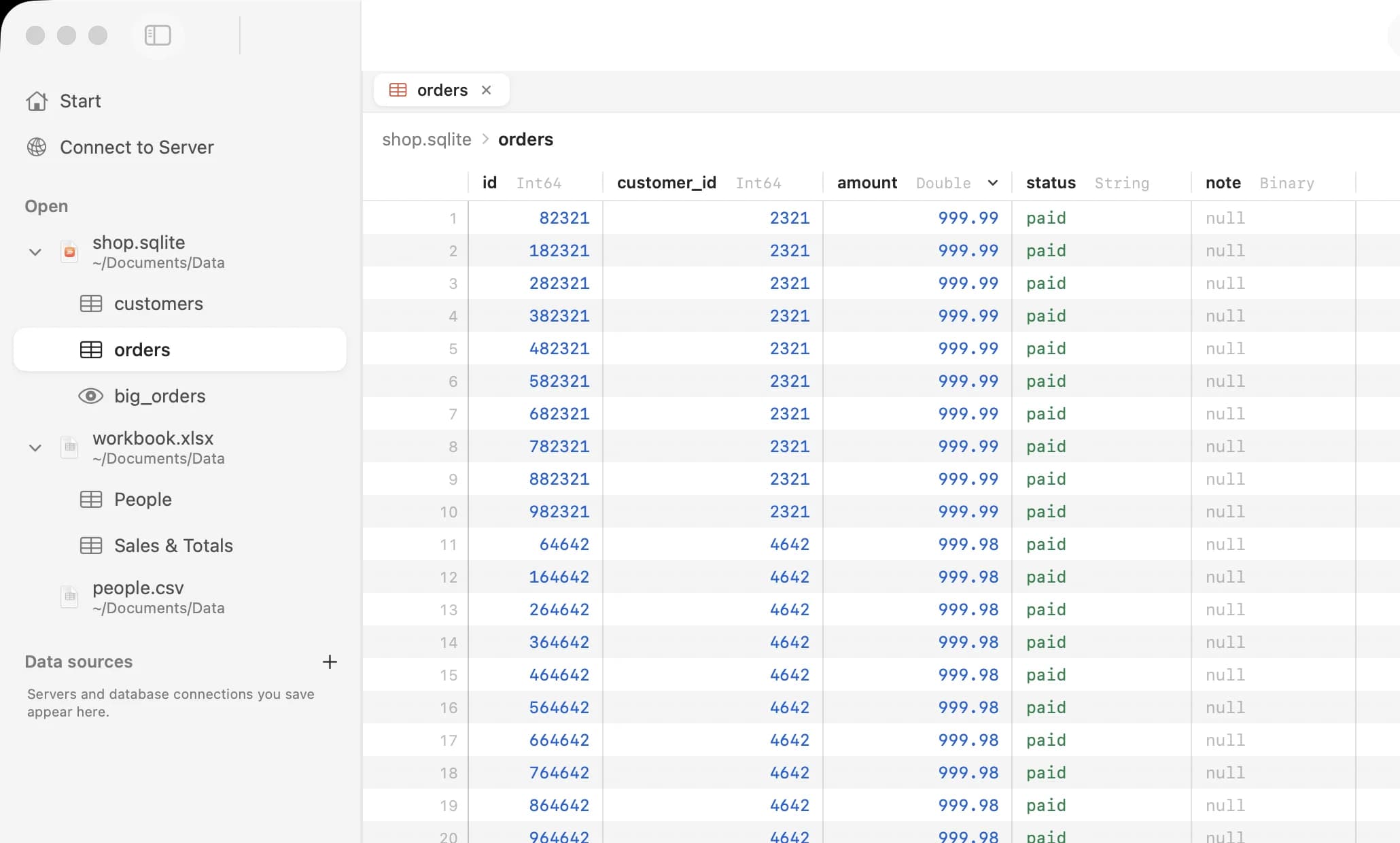 Rowie's sidebar listing a SQLite database, an Excel workbook and a CSV file, with the database's tables open beneath it.