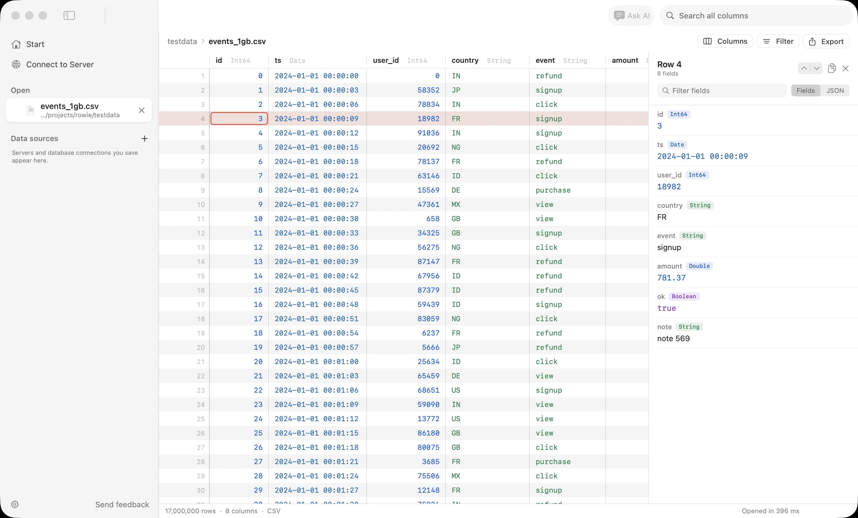 Rowie showing a 1 GB CSV file with 17 million rows. Each column shows its type, values are coloured by type, and the selected row's fields are listed in the inspector.