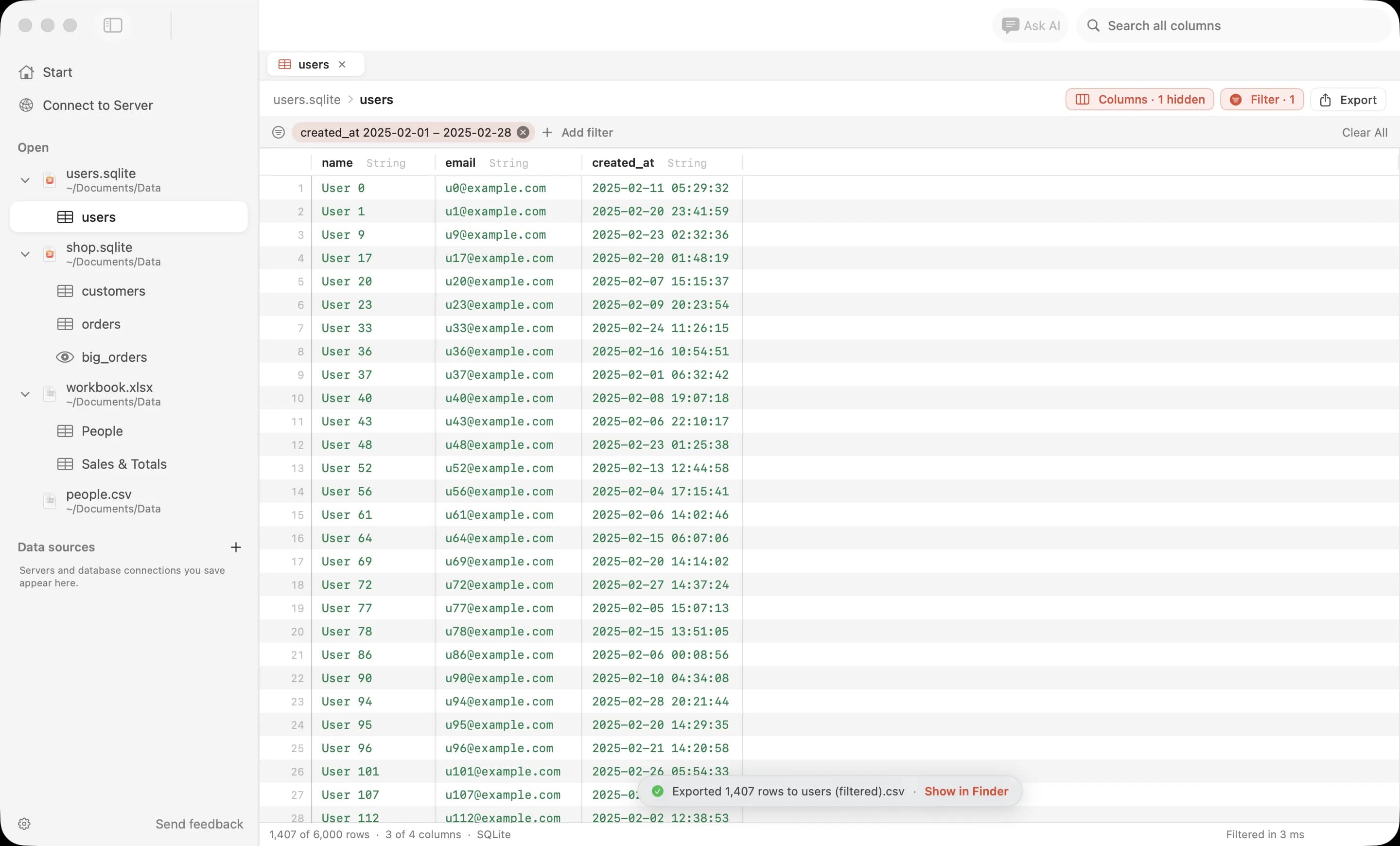 A users table filtered to February 2025 with one column hidden, showing 1,407 of 6,000 rows, and a message saying 1,407 rows were exported to users (filtered).csv, with Show in Finder.