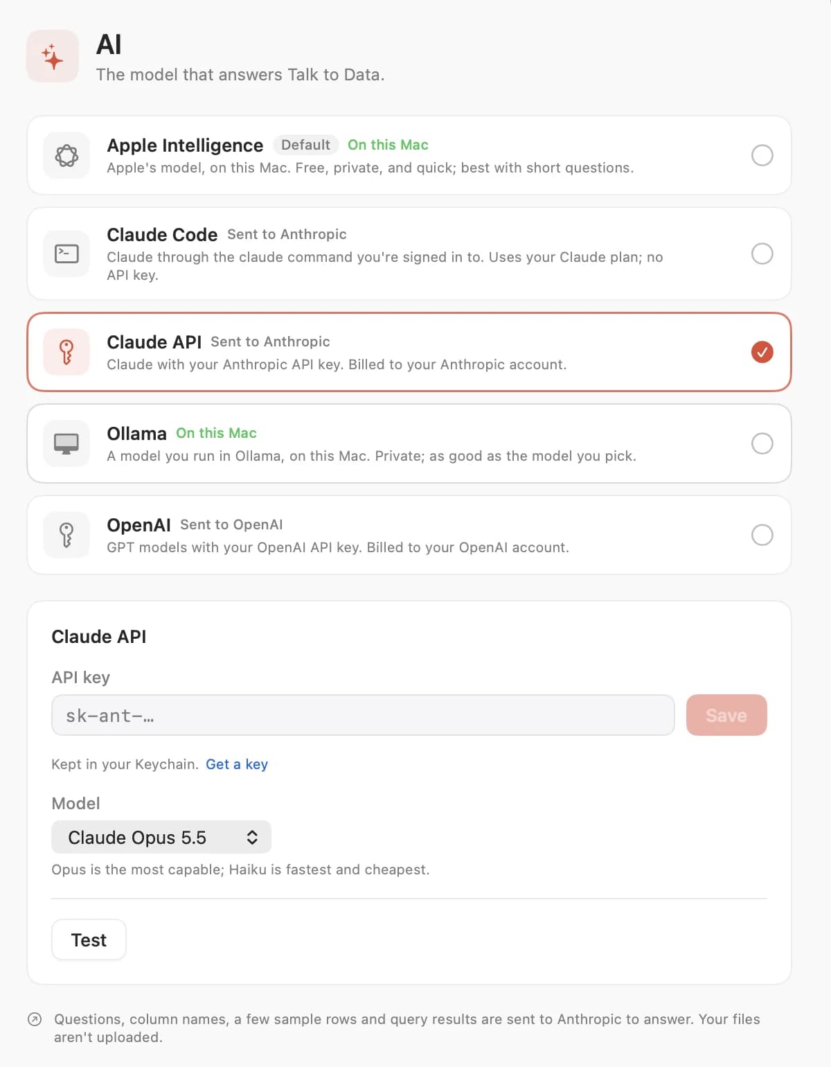 Rowie's AI settings: Apple Intelligence, Claude Code, Claude API, Ollama and OpenAI to choose from, with Claude by API key selected and its key field and model menu below.