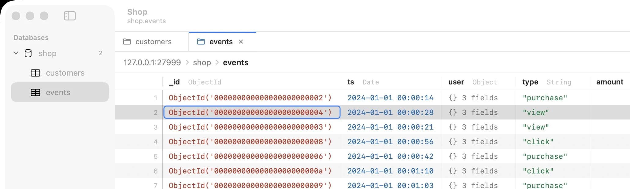 A MongoDB database in the sidebar with the customers and events collections open in tabs.
